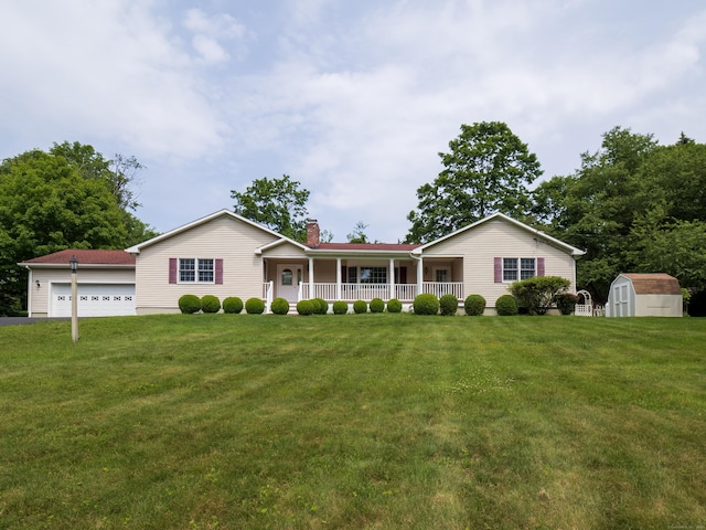 11 Scodon Dr, Ridgefield, CT 06877 - single story home with a porch, a storage shed, a front lawn, an attached garage, and a chimney