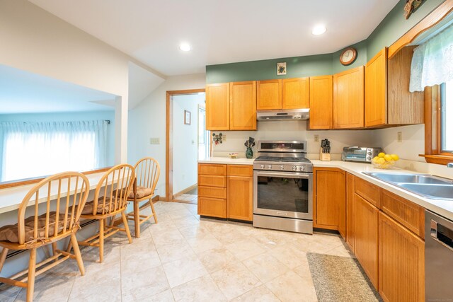 348 State Route 39, New Fairfield, CT 06812 - kitchen with appliances with stainless steel finishes, under cabinet range hood, light countertops, and recessed lighting