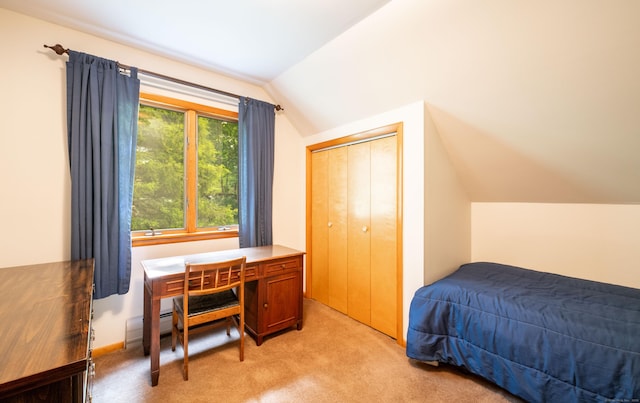 348 State Route 39, New Fairfield, CT 06812 - bedroom with vaulted ceiling, light carpet, a closet, and an office area