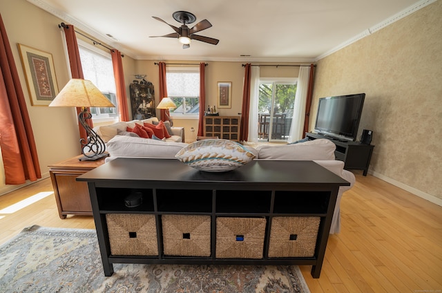 267 Melba St Apt B13, Milford, CT 06460 - living area featuring crown molding, a ceiling fan, and light wood finished floors