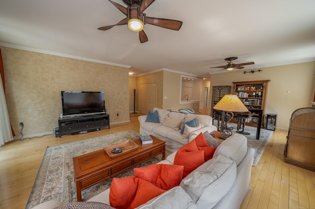 267 Melba St Apt B13, Milford, CT 06460 - living area featuring a ceiling fan, wood-type flooring, and crown molding