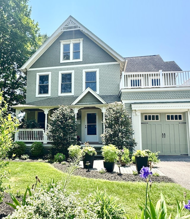 19 Prospect Hill Rd, Groton, CT 06340 - victorian home with a balcony, asphalt driveway, a garage, and a porch