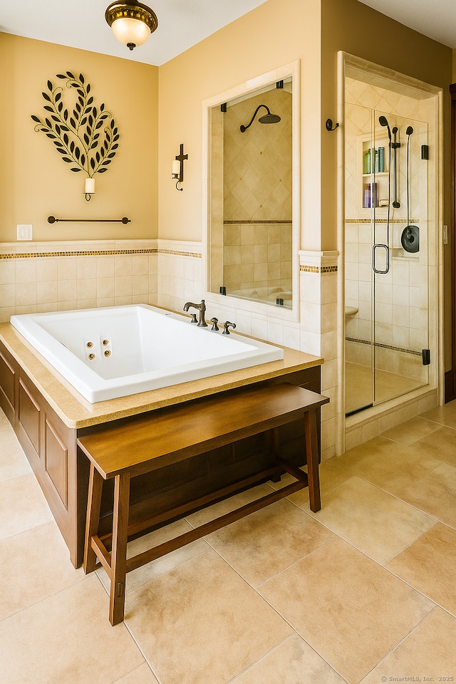 19 Prospect Hill Rd, Groton, CT 06340 - bathroom with a stall shower, tile walls, tile patterned floors, a bath, and wainscoting