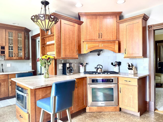 19 Prospect Hill Rd, Groton, CT 06340 - kitchen with stainless steel appliances, backsplash, glass insert cabinets, recessed lighting, and brown cabinetry