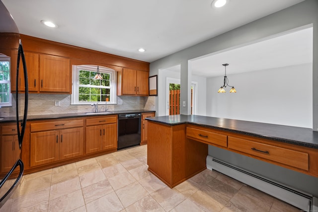 480 Budding Ridge Rd, Cheshire, CT 06410 - kitchen featuring black dishwasher, a baseboard radiator, brown cabinets, tasteful backsplash, and recessed lighting