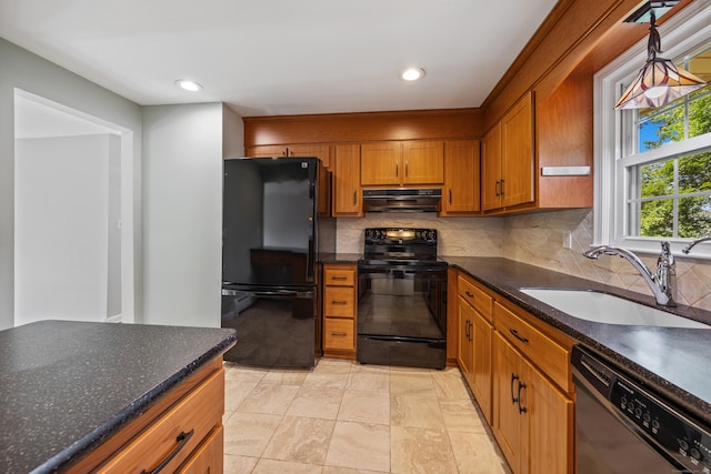 480 Budding Ridge Rd, Cheshire, CT 06410 - kitchen with black appliances, ventilation hood, brown cabinetry, tasteful backsplash, and dark stone countertops