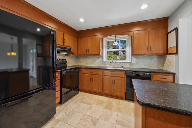 480 Budding Ridge Rd, Cheshire, CT 06410 - kitchen with black appliances, under cabinet range hood, brown cabinetry, tasteful backsplash, and recessed lighting