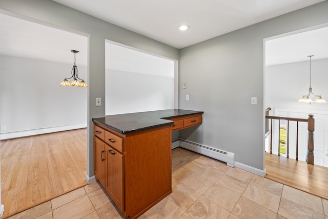 480 Budding Ridge Rd, Cheshire, CT 06410 - kitchen featuring baseboard heating, brown cabinetry, dark countertops, decorative light fixtures, and recessed lighting