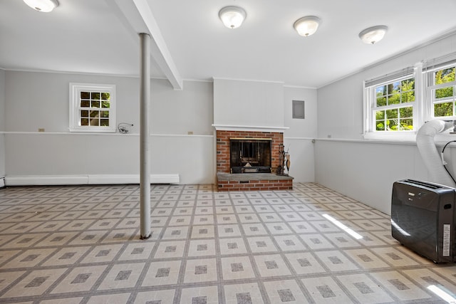 480 Budding Ridge Rd, Cheshire, CT 06410 - unfurnished living room with light floors, heating unit, crown molding, and a fireplace