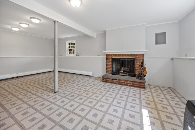 480 Budding Ridge Rd, Cheshire, CT 06410 - unfurnished living room featuring a brick fireplace, a baseboard heating unit, baseboard heating, crown molding, and electric panel