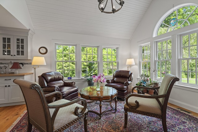 4 Johnny Cake Hill Rd, Old Lyme, CT 06371 - living area with light wood finished floors, vaulted ceiling, a chandelier, and wooden ceiling