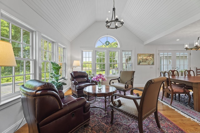 4 Johnny Cake Hill Rd, Old Lyme, CT 06371 - living area with a chandelier, wood finished floors, wooden ceiling, and high vaulted ceiling