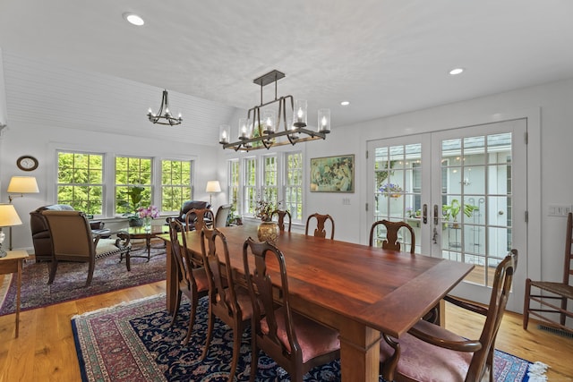 4 Johnny Cake Hill Rd, Old Lyme, CT 06371 - dining room with a chandelier, french doors, light wood finished floors, and recessed lighting
