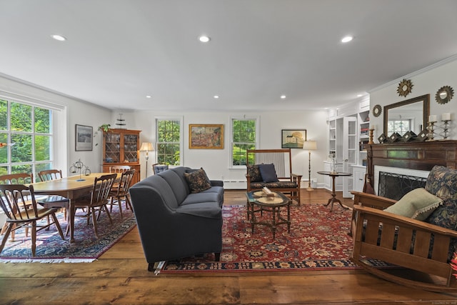4 Johnny Cake Hill Rd, Old Lyme, CT 06371 - living room with wood-type flooring, recessed lighting, a fireplace, ornamental molding, and a baseboard radiator