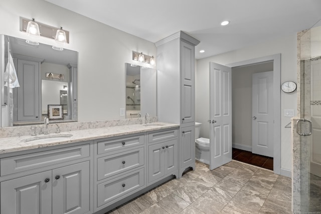 4 Johnny Cake Hill Rd, Old Lyme, CT 06371 - bathroom featuring double vanity, a shower stall, and recessed lighting