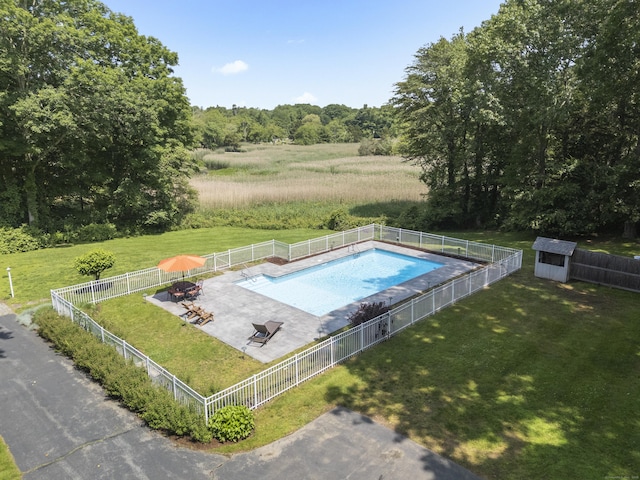 4 Johnny Cake Hill Rd, Old Lyme, CT 06371 - view of swimming pool featuring a fenced backyard, a patio area, and a shed