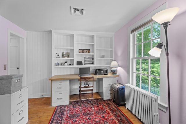 4 Johnny Cake Hill Rd, Old Lyme, CT 06371 - home office with radiator heating unit, light wood-type flooring, and built in study area