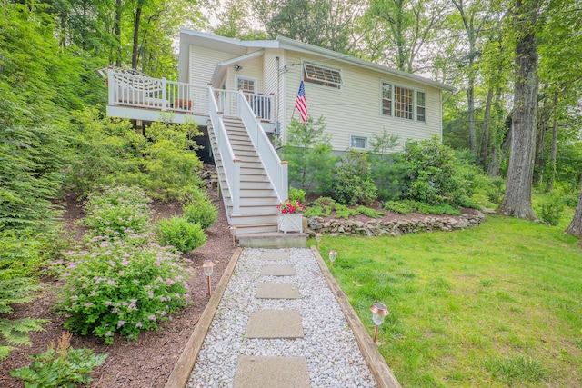 158 Stadley Rough Rd, Danbury, CT 06811 - view of front facade featuring stairs, a wooden deck, and a front yard