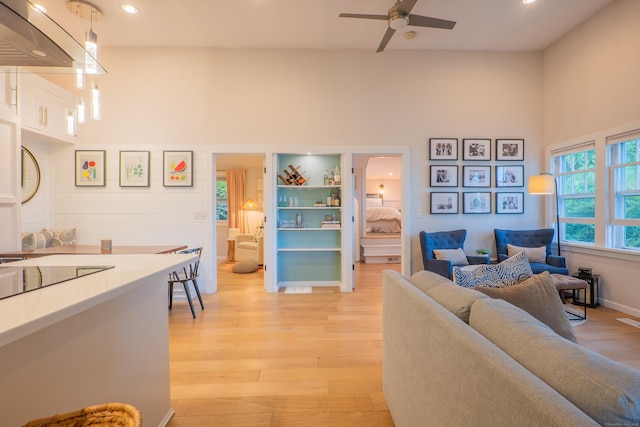 158 Stadley Rough Rd, Danbury, CT 06811 - living room with light wood-type flooring, ceiling fan, recessed lighting, and a high ceiling