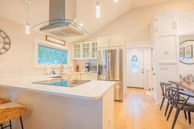 158 Stadley Rough Rd, Danbury, CT 06811 - kitchen featuring stainless steel appliances, island range hood, a peninsula, a breakfast bar area, and glass insert cabinets