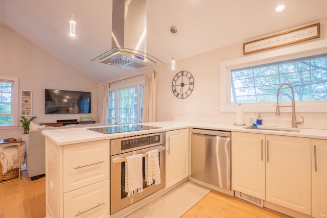 158 Stadley Rough Rd, Danbury, CT 06811 - kitchen with stainless steel appliances, island exhaust hood, light wood-style flooring, lofted ceiling, and a peninsula
