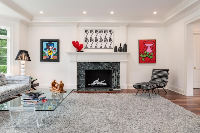 474 Ponus Rdg, New Canaan, CT 06840 - living area with wood finished floors, a premium fireplace, crown molding, and recessed lighting