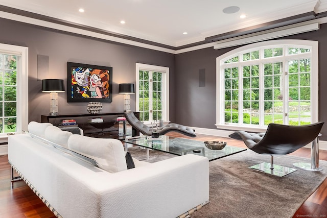 474 Ponus Rdg, New Canaan, CT 06840 - living area featuring crown molding, wood finished floors, healthy amount of natural light, and recessed lighting