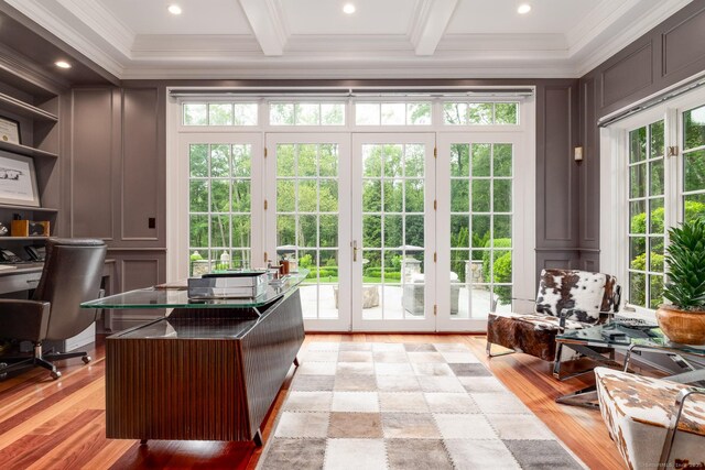 474 Ponus Rdg, New Canaan, CT 06840 - office space featuring a decorative wall, crown molding, french doors, light wood-type flooring, and recessed lighting