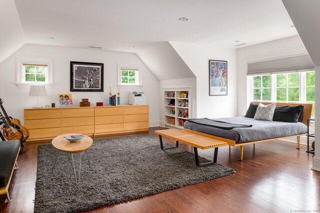 474 Ponus Rdg, New Canaan, CT 06840 - bedroom with vaulted ceiling, wood finished floors, and recessed lighting