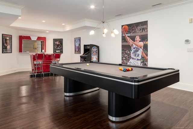 474 Ponus Rdg, New Canaan, CT 06840 - rec room with a bar, wood finished floors, billiards, recessed lighting, and a tray ceiling