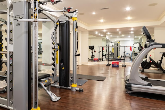 474 Ponus Rdg, New Canaan, CT 06840 - workout area featuring crown molding, wood finished floors, and recessed lighting
