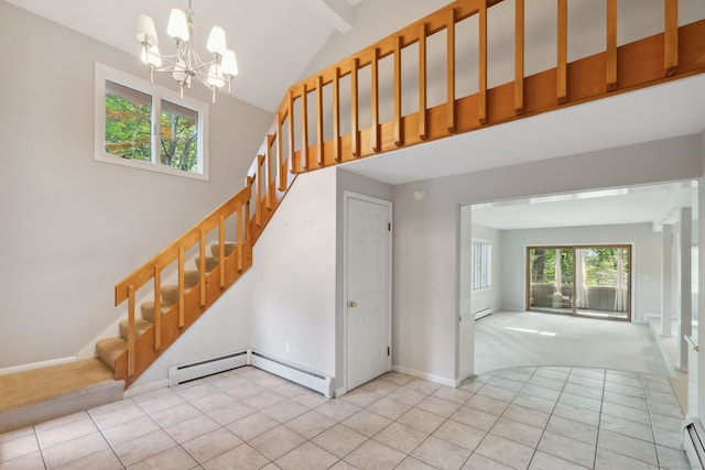 24 Quince Ct, Bristol, CT 06010 - stairway featuring high vaulted ceiling, a baseboard radiator, tile patterned floors, and a chandelier