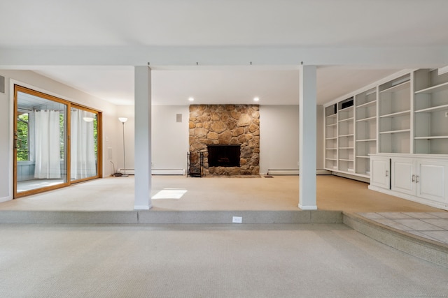 24 Quince Ct, Bristol, CT 06010 - unfurnished living room with carpet, a stone fireplace, a baseboard heating unit, and recessed lighting