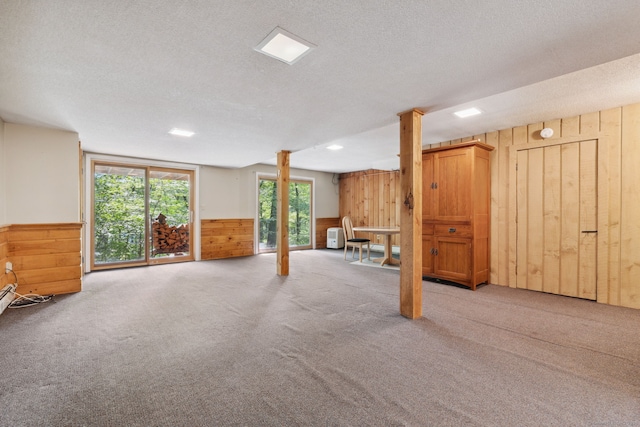 24 Quince Ct, Bristol, CT 06010 - below grade area featuring wood walls, a textured ceiling, carpet flooring, and a wainscoted wall