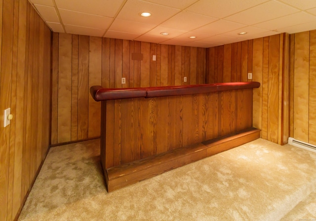 155 Melinda Ln, Bristol, CT 06010 - indoor dry bar featuring a paneled ceiling, carpet floors, wooden walls, recessed lighting, and a baseboard radiator
