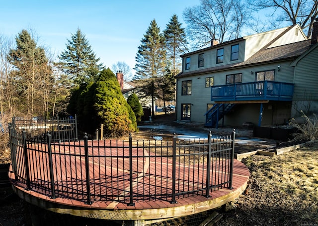 155 Melinda Ln, Bristol, CT 06010 - back of house with stairs, a patio area, a chimney, and a wooden deck