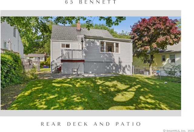 65 Bennett St, Fairfield, CT 06825 - back of property with a wooden deck, a chimney, roof with shingles, and stairway