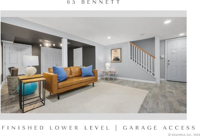 65 Bennett St, Fairfield, CT 06825 - living room featuring stairs, recessed lighting, and wood finished floors