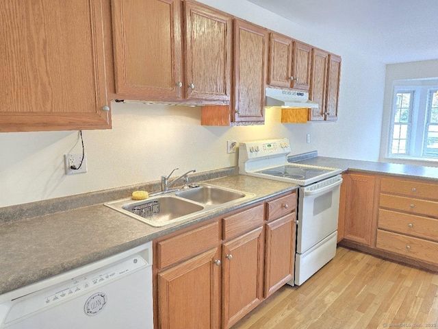 244 Oakland St Apt F, Manchester, CT 06042 - kitchen featuring white appliances, under cabinet range hood, light wood-type flooring, brown cabinetry, and a peninsula