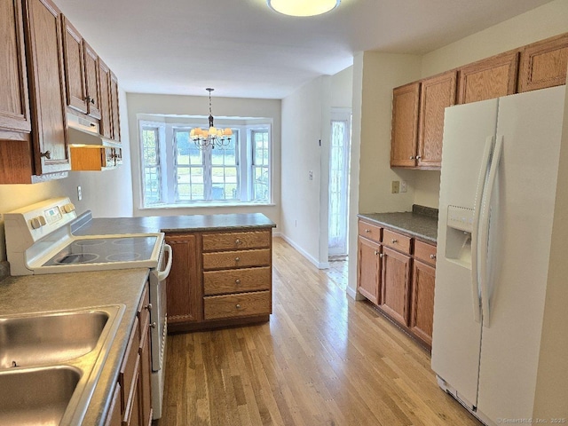 244 Oakland St Apt F, Manchester, CT 06042 - kitchen with white fridge with ice dispenser, range with electric stovetop, brown cabinetry, under cabinet range hood, and light wood finished floors