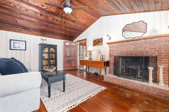 5 Lake Pt, Haddam, CT 06441 - living room featuring wooden ceiling, wood-type flooring, lofted ceiling, wooden walls, and ceiling fan
