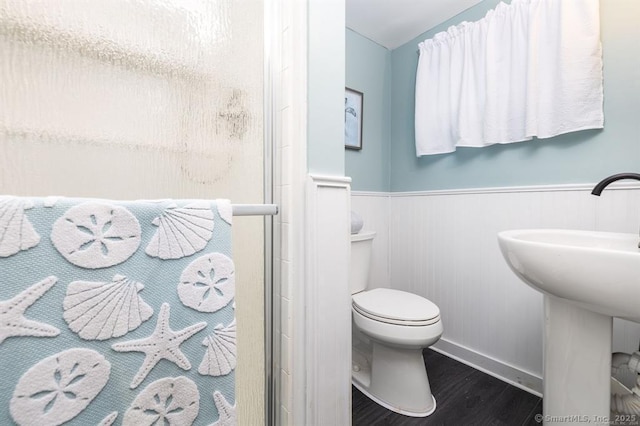 5 Lake Pt, Haddam, CT 06441 - bathroom with wood finished floors, wainscoting, and an enclosed shower