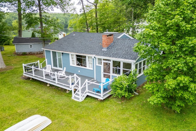 5 Lake Pt, Haddam, CT 06441 - back of property with a shingled roof, a chimney, a wooden deck, and a yard