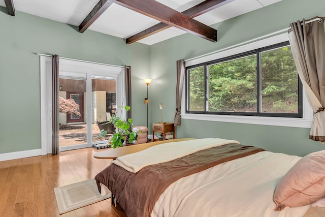 120 Highwoods Dr, Guilford, CT 06437 - bedroom featuring beam ceiling, wood-type flooring, and access to exterior