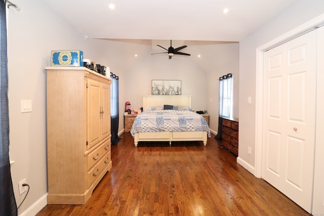 80 Longbranch Ave, Stratford, CT 06615 - bedroom with lofted ceiling, dark wood-type flooring, recessed lighting, and a ceiling fan