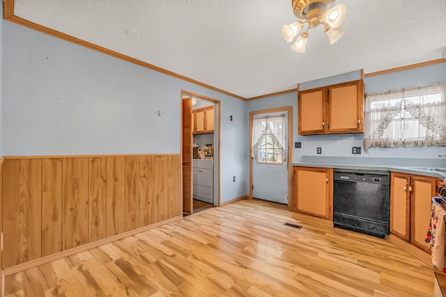 105 Woodland Park, Shelton, CT 06484 - kitchen featuring dishwasher, light wood finished floors, a wainscoted wall, ornamental molding, and a textured ceiling