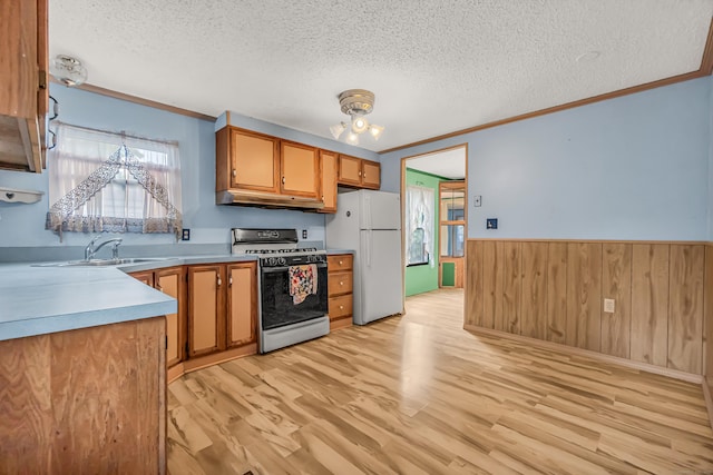 105 Woodland Park, Shelton, CT 06484 - kitchen featuring range with gas cooktop, freestanding refrigerator, a textured ceiling, crown molding, and light wood-style flooring