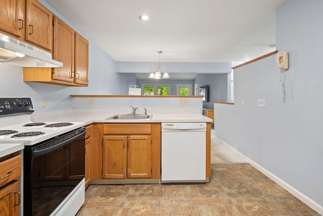 671 Ledgeview Ct Unit 671, Southington, CT 06489 - kitchen featuring white dishwasher, electric range, under cabinet range hood, a peninsula, and light countertops
