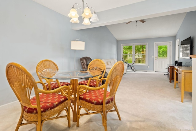 671 Ledgeview Ct Unit 671, Southington, CT 06489 - dining area with vaulted ceiling, light carpet, a ceiling fan, and a chandelier
