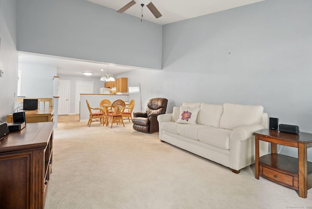 671 Ledgeview Ct Unit 671, Southington, CT 06489 - living room with a ceiling fan, light colored carpet, and a high ceiling